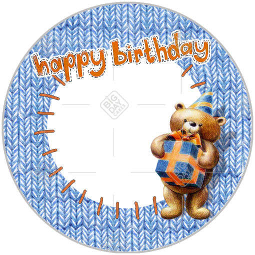 Happy Birthday cute teddy blue frame - round