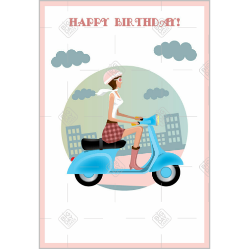Happy Birthday lady on a scooter topper - portrait
